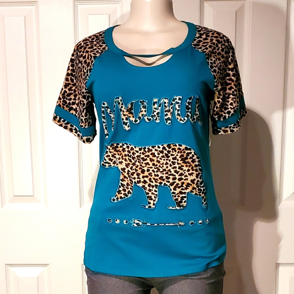 Turquoise and Leopard Mama Bear Keyhole Top